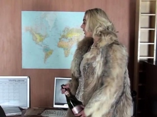 Sapphire Blue masturbating in fur coat in office