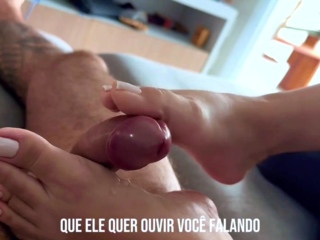 Brunette with foot fetish rubs big dick with her feet in POV